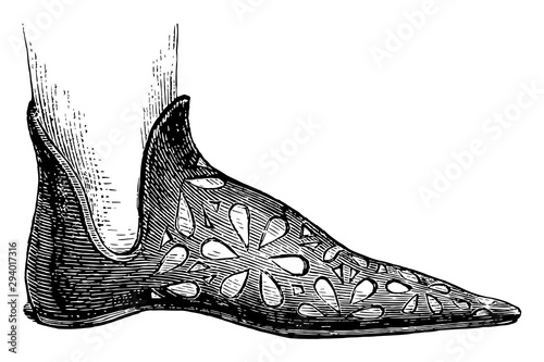 Shoe, 14th century design, vintage engraving.