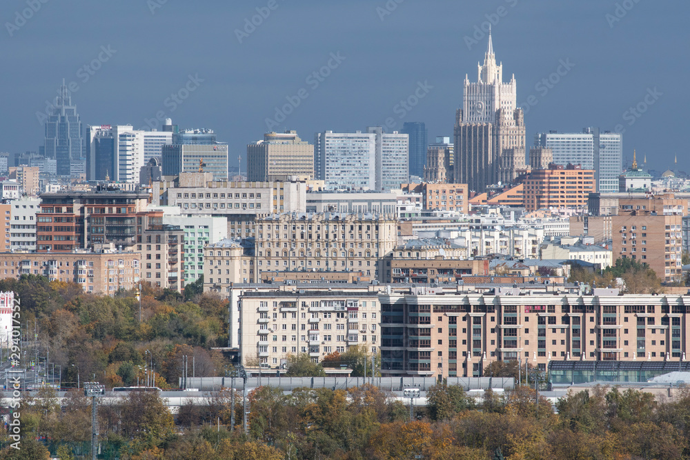 Autumn cityscape. Panorama of Moscow from Vorobyovy Gory. Moscow, Russia.