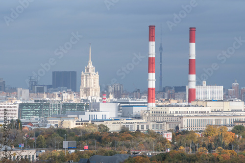 Autumn cityscape. Panorama of Moscow from Vorobyovy Gory. Moscow, Russia. © Kirill