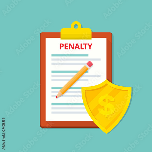 Penalty document icon with shield in a flat design. Vector illustration photo