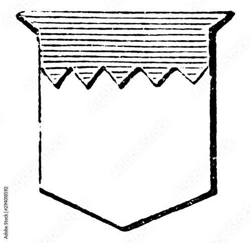 Chief Indented is an ordinary terminated by an horizontal line, vintage engraving.