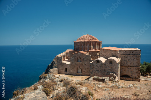 The Church of Agia Sophia on top of the plateau, with the sea in the Background in Monemvasia, Greece. 