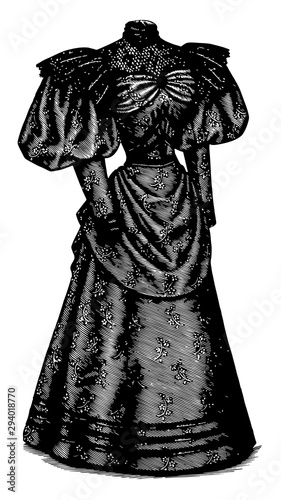 Obraz na płótnie Late 19th Century Dress, floral pattern, vintage engraving.