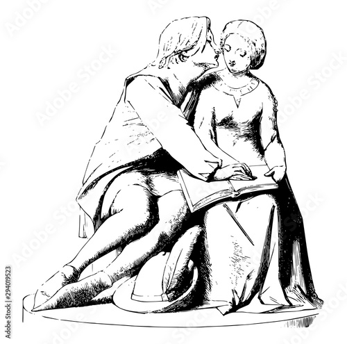 Sculpture has a fictional scene by famous Italian poet Dante Alighieri, vintage engraving.