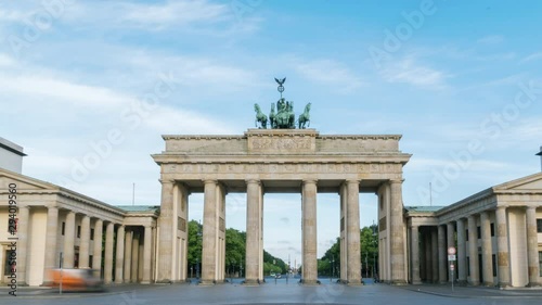 Hyperlapse time lapse sequence of the Brandenburg Gate of Berlin in early morning sun light