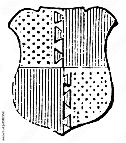 Quarterly Dove-Tailed has a term borrowed from carpentry to show tinctures joined together, vintage engraving.