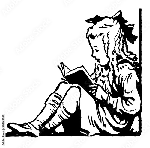 Young Girl Sitting & Reading, recreation,  vintage engraving.