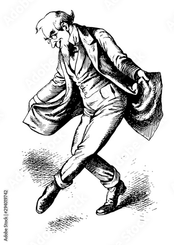 Man Dancing, partying with celebrities,  vintage engraving.