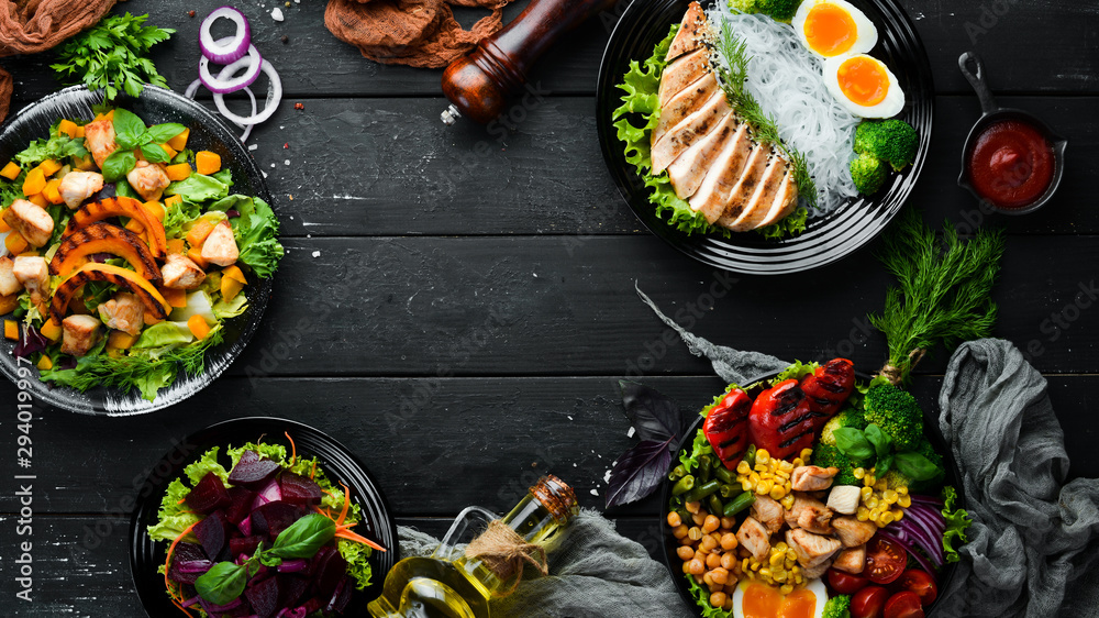 Food on the table. Autumn food assortment. Top view. Free space for your text. Food on the table. Autumn food assortment. Top view. Free space for your text.
