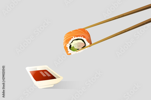 Chopsticks is tonging a sushi dipped in soy sauce.Japanese Food and Vector file.