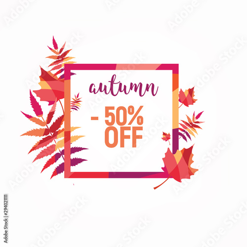 Autumn sale banner design with discount label for fall shopping promotion. Vector illustration.