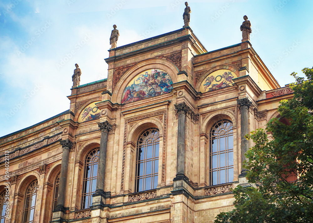 Munich, detail of the frontal facade of the Maximilianeum, Renaissance Palace completed in year 1874, premises of a gifted student's foundation and of the Bavarian state parliament.