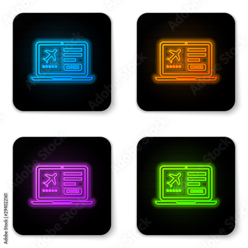 Glowing neon Laptop with electronic boarding pass airline ticket icon isolated on white background. Passenger plane mobile ticket for web and app. Black square button. Vector Illustration