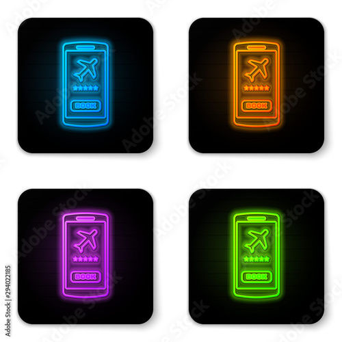 Glowing neon Smartphone with electronic boarding pass airline ticket icon isolated on white background. Passenger plane mobile ticket for web and app. Black square button. Vector Illustration