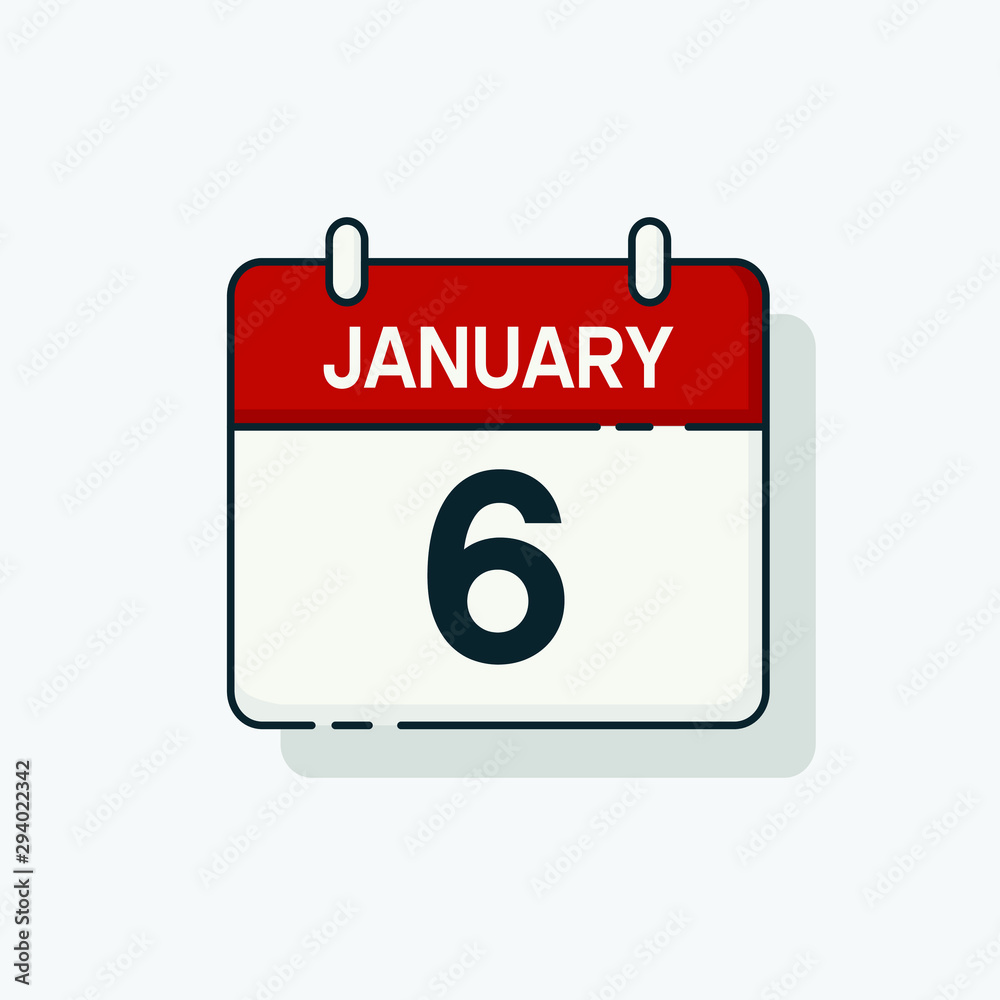 Vector flat daily calendar icon. Day , month , 6 January Vector flat daily calendar icon. Day , month , 6 January
