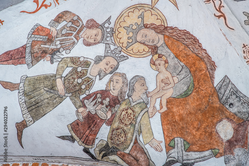 Ταπετσαρία Ancient wall-painting, the magi bring gold, frankincense and myrrh to Jesus, the