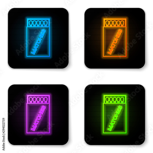 Glowing neon Open matchbox and matches icon isolated on white background. Black square button. Vector Illustration