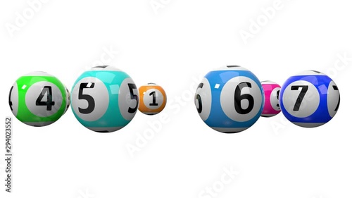 circulary sorted and rotating lotery 3d balls animation loop in 4k resolution. lottery balls on white background.