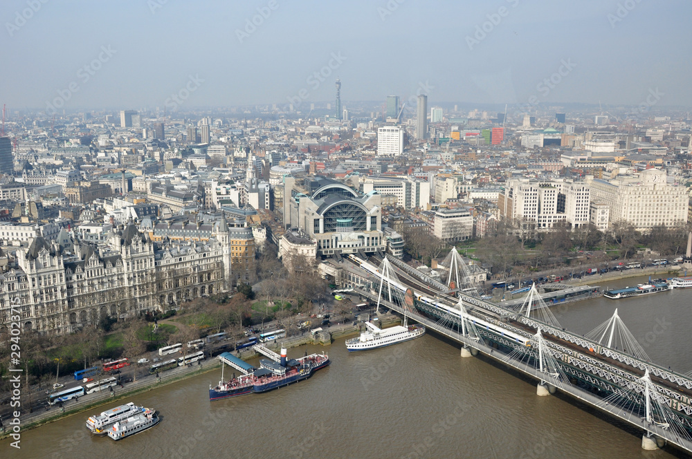 Aerial view from the London Eye on the Thames, London UK