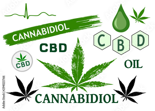 CBD Öl und Hanf Blatt Symbole Set isoliert auf weißem Hintergrund