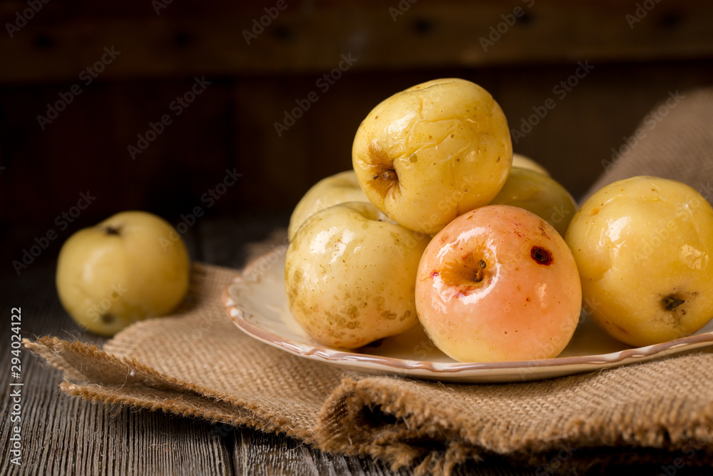 Pickled apples, photo in rustic style