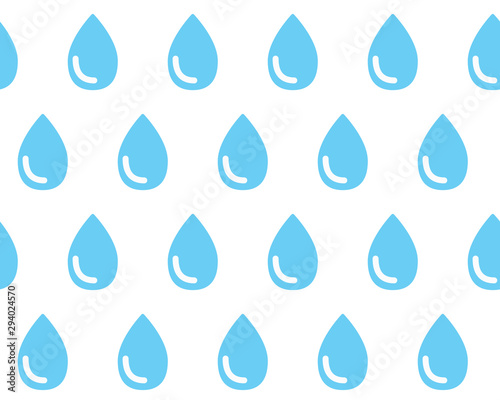 Blue identical drops of water on white background, seamless pattern. Drops as symbol of rain. Heavy rain. Vector background