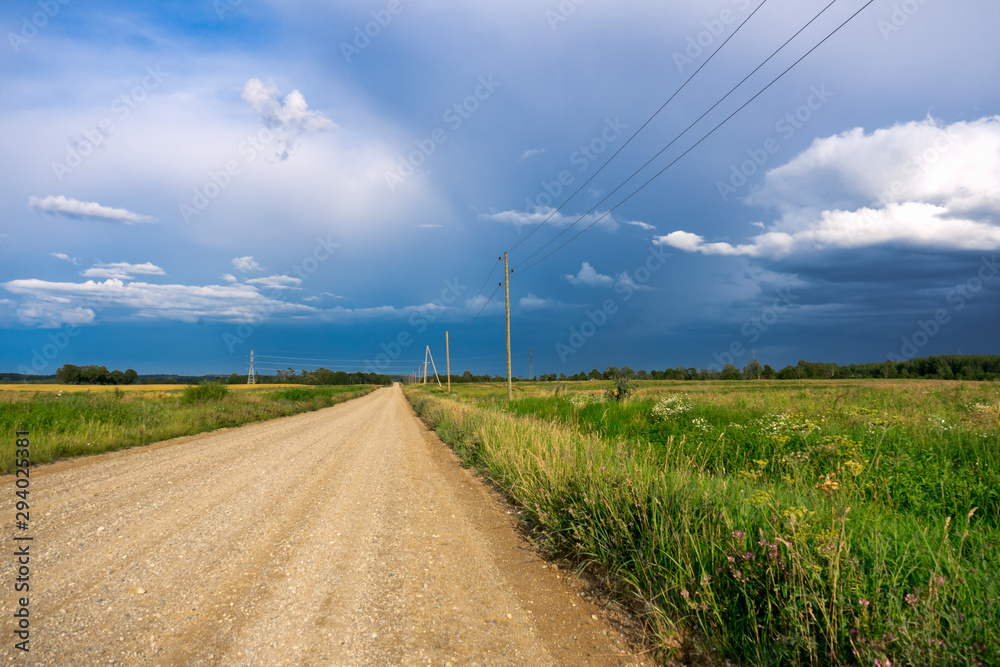 Rural road through green fields with trees and cloudy sky in countryside.