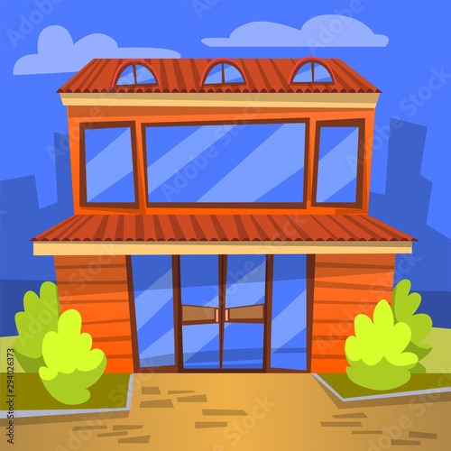 Cafe eatery exterior vector, outdoors view of building for people to eat. Diner with wide windows and bushes, cityscape at night, evening bistro flat. Application game development scene