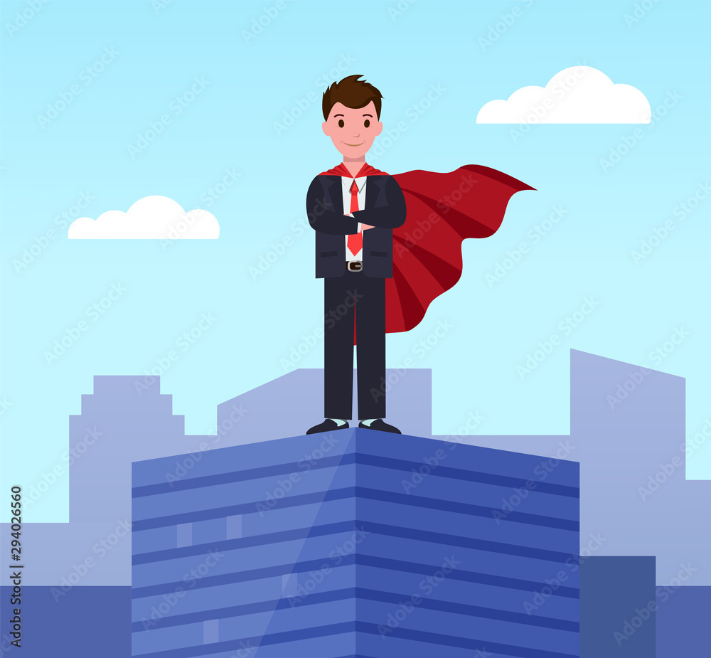 Young super business man, executive worker in superhero cloak on top of office building. Motivation and ambition, ceo manager winner confident employee in suit. Businessman stand on roof of skyscraper Young super business man, executive worker in superhero cloak on top of office building. Motivation and ambition, ceo manager winner confident employee in suit. Businessman stand on roof of skyscraper