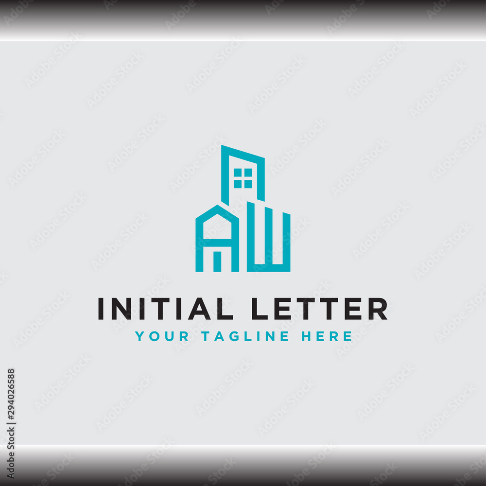 Initial concept of AW logo with building template vector for construction.