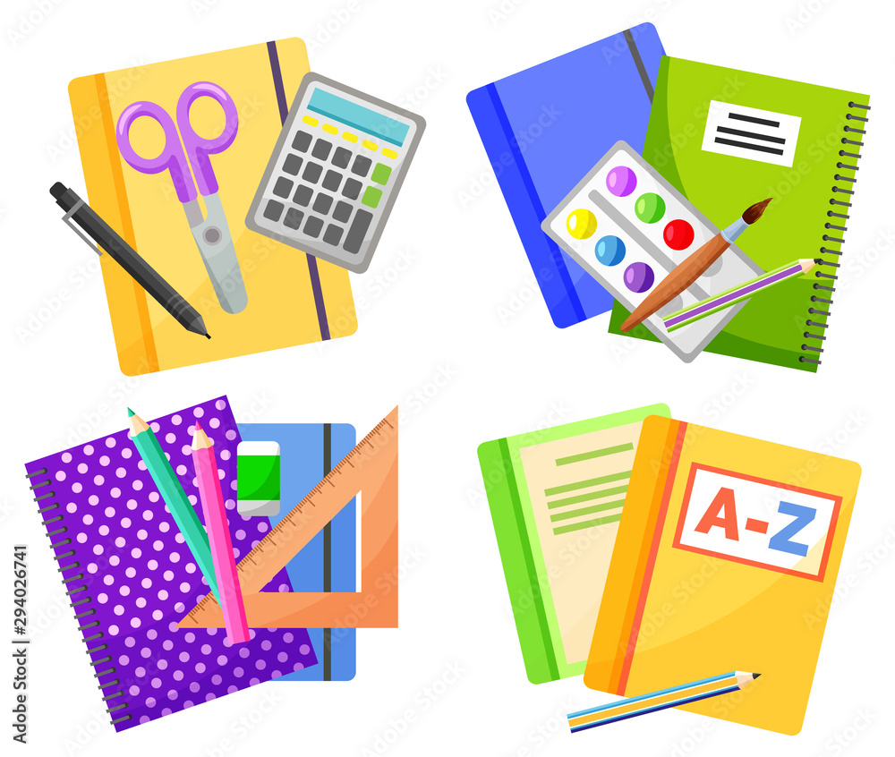 Colorful school supplies isolated on white background. Copybook, pencils, scissors, ruler, textbooks, ruler, paints, paintbrush set vector. Back to school concept. Flat cartoon