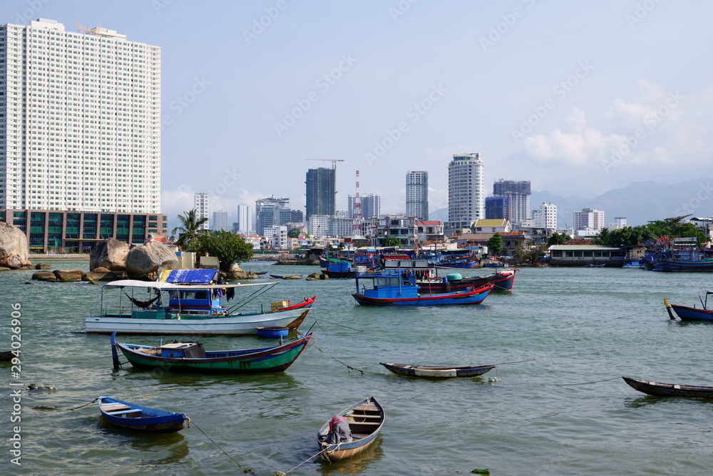 Nha Trang, Vietnam - May 2019. Fishermen boats in the bay