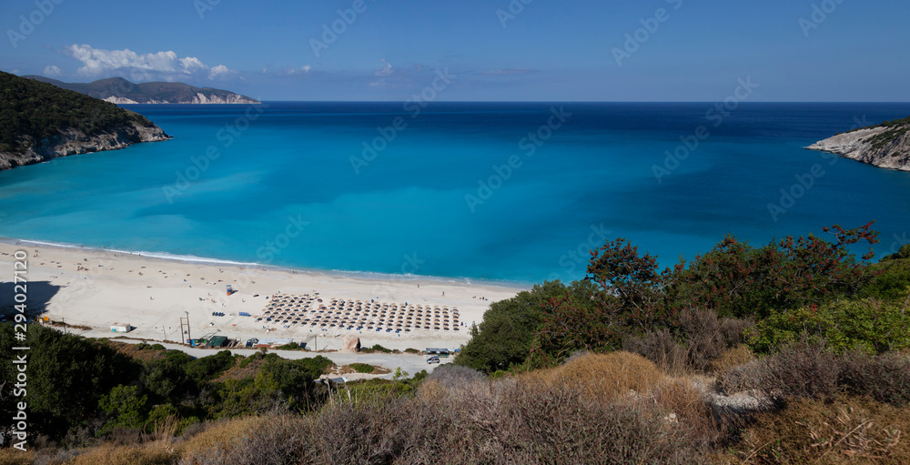 Φωτογραφία Editorial Kefalonia, UK - September 21, 2019: Myrtos beach on the west coast of the island, regarded by many as the best beach in Kefalonia