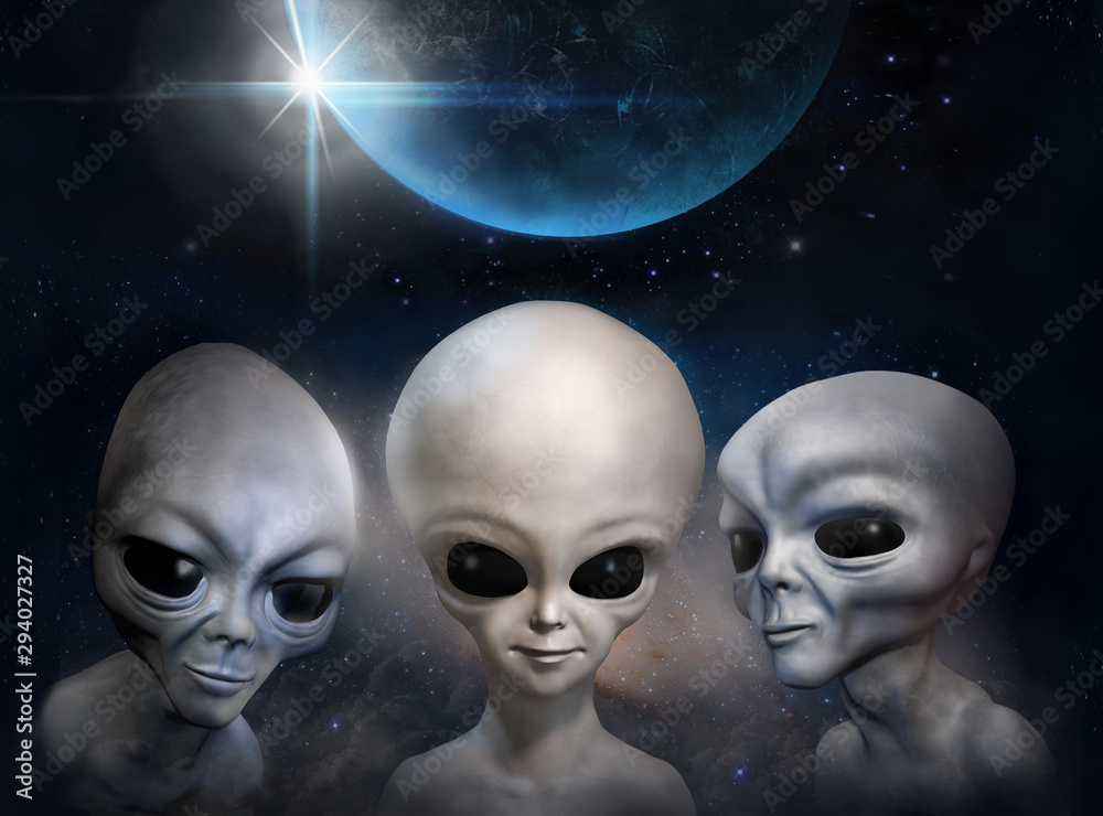 Three different grey aliens on the background of cosmic sky and earth  planet. 3D illustration. Wallpaper. Stock Illustration | Adobe Stock
