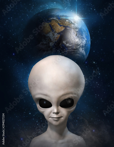 Portrait of a gray alien on the background of the cosmos and earth planet. 3D illustration
