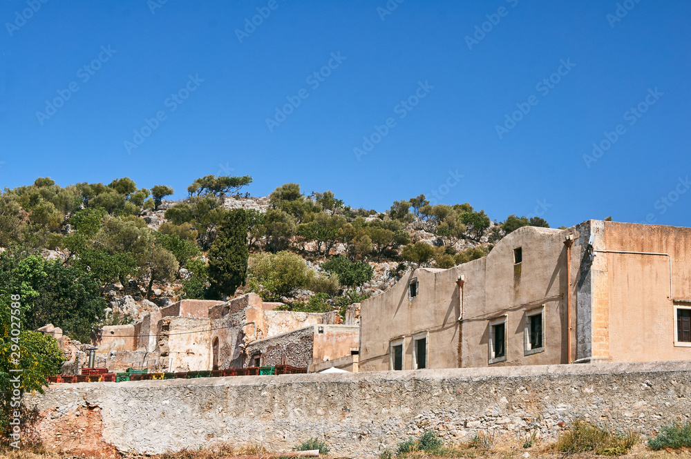 the walls of the Orthodox monastery Arkadi Monastery on the island of Crete, Greece.