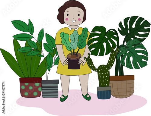 vector or illustration of cute girl spends time with plants and grow the tree in pots at her garden at home. Women takes care for plants and tree in flat cartoon style