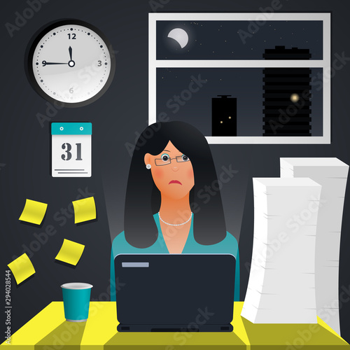 Busy girl, office worker or office worker at the desk littered with documents. Overtime work on New Year's Eve. Expiration date. Vector illustration.