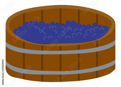 Barrel with grapes, produce beverage, agricultural object. Element of harvest festival, making wine, vineyard sign, purple fruit in wooden keg vector