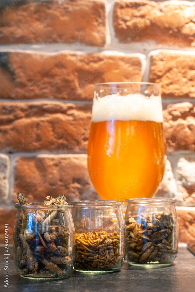 Insect snacks served with beer