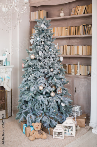 Fir tree in a room with library