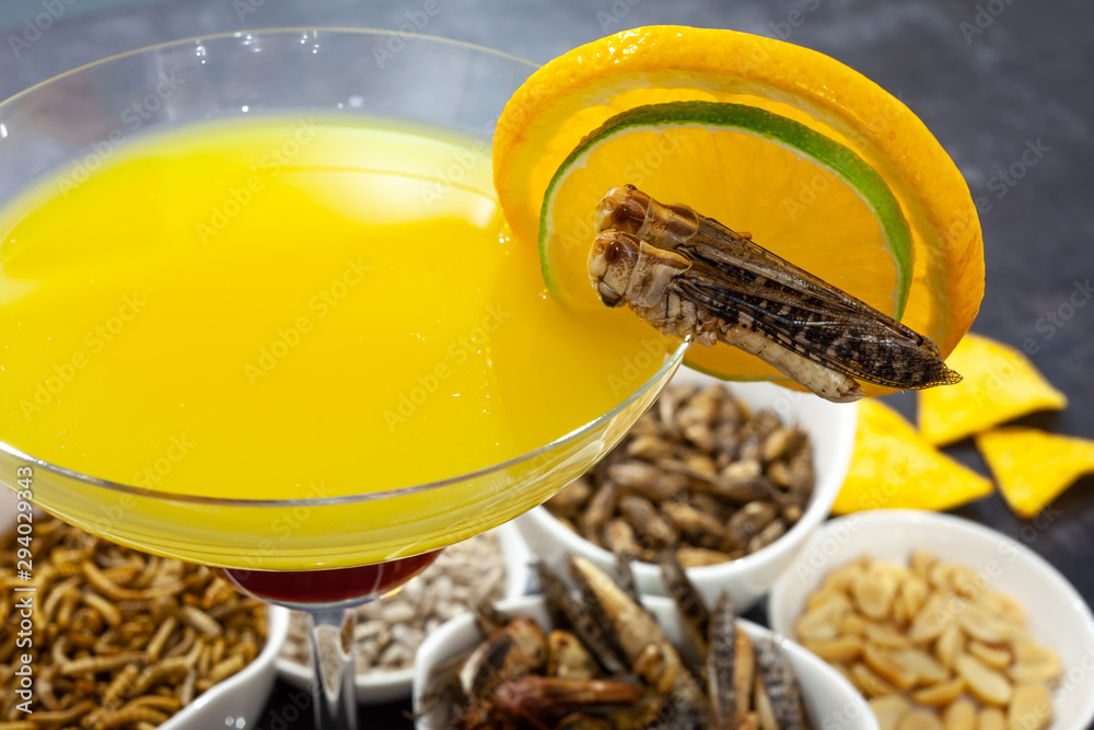 Drink decorated with ready to eat insect