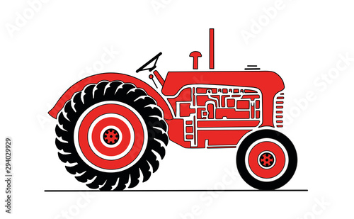 Vintage red farm tractor vector drawing