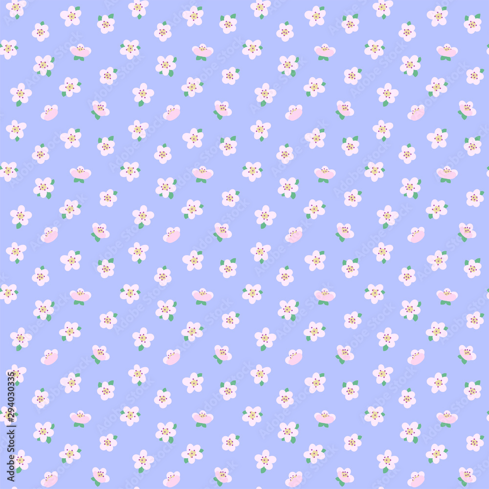Pattern with sakura flowers. Ditsy print. Random flowers and leaves create a style of freedom. Spring or summer dress. Seamless vector texture