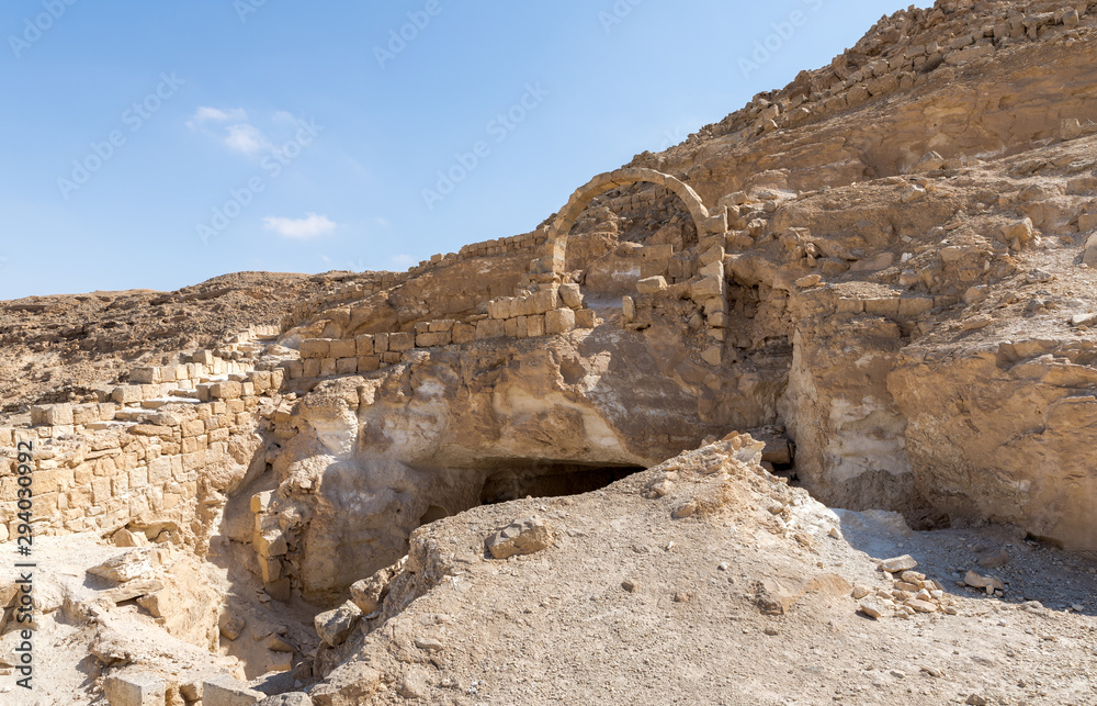 Fototapeta premium The remains of residential buildings near to the Nabataean city of Avdat, located on the incense road in the Judean desert in Israel. It is included in the UNESCO World Heritage List.