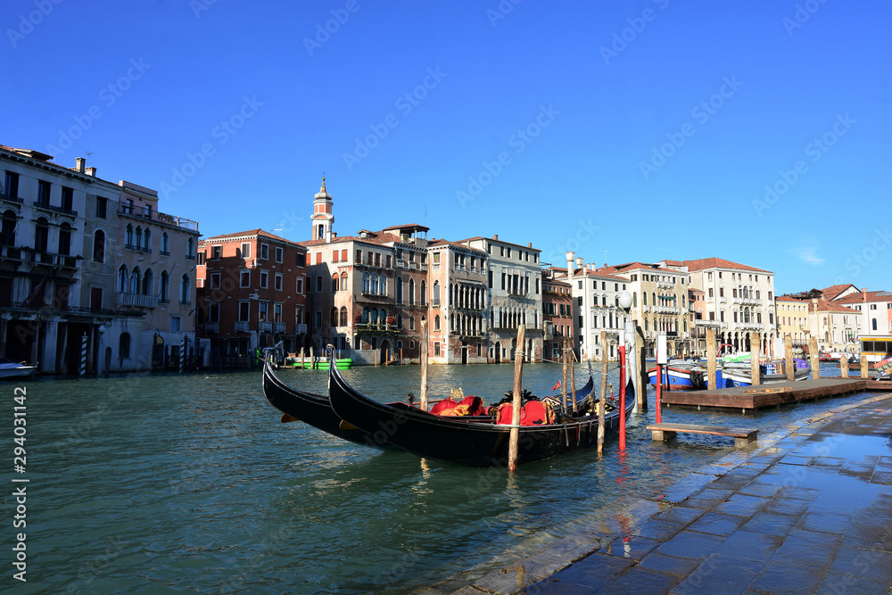 the gondolas on the Grand Canal, in the Rialto district, Venice