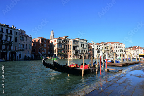 the gondolas on the Grand Canal, in the Rialto district, Venice © corradobarattaphotos