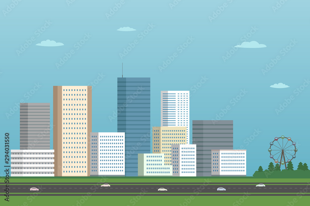 Cityscape. High-rise buildings and Ferris wheel. Cartoon style. Vector illustration.