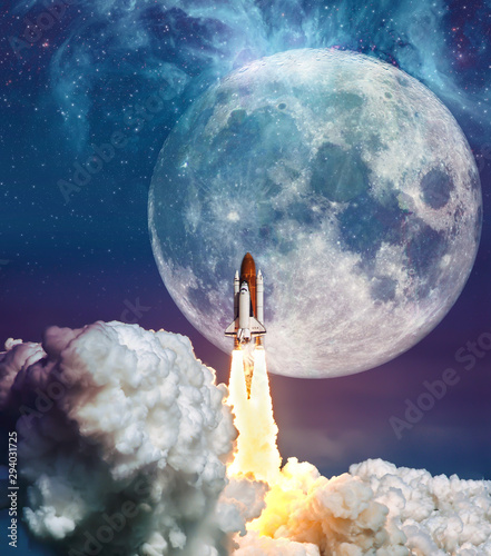 Fototapeta Naklejka Na Ścianę i Meble -  Cloudy launch of rocket Space Shuttle into colorful starry outer space and the full moon. 