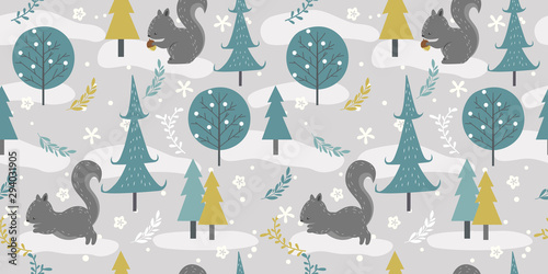 winter woodland illustration in seamless pattern